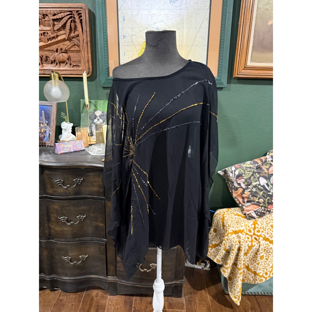Woman Within Black Sequin Sunburst Kaftan Top 14W Sheer Batwing Sleeve 03-4470-E